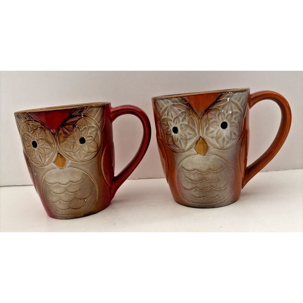 Gibson Elite Owl city Mugs Set of 2 Stoneware Coffee Cups Orange Red/Brown 17 oz